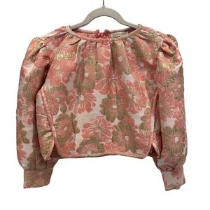 Vita Grace Metallic Floral Jacquard Puff Sleeve Blouse Pink Gold Women’s Sz S